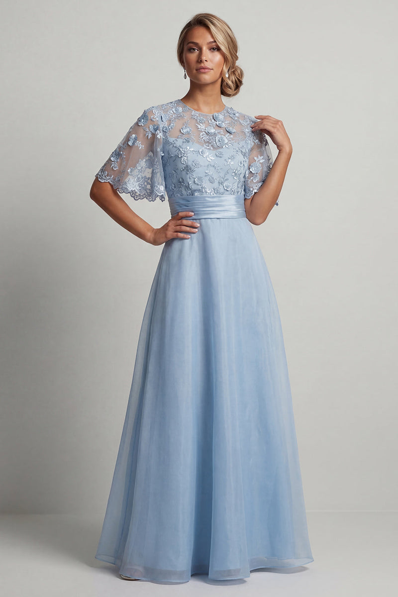 Laden Sie das Bild in den Galerie-Viewer, Himmelblaues A-Linie 3D-Blumen Langes Mutter der Braut Kleid mit halben Ärmeln