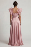 Laden Sie das Bild in den Galerie-Viewer, Dusty Rose A-Linie Rüschen Pailletten Langes Mutter der Braut Kleid mit Schlitz