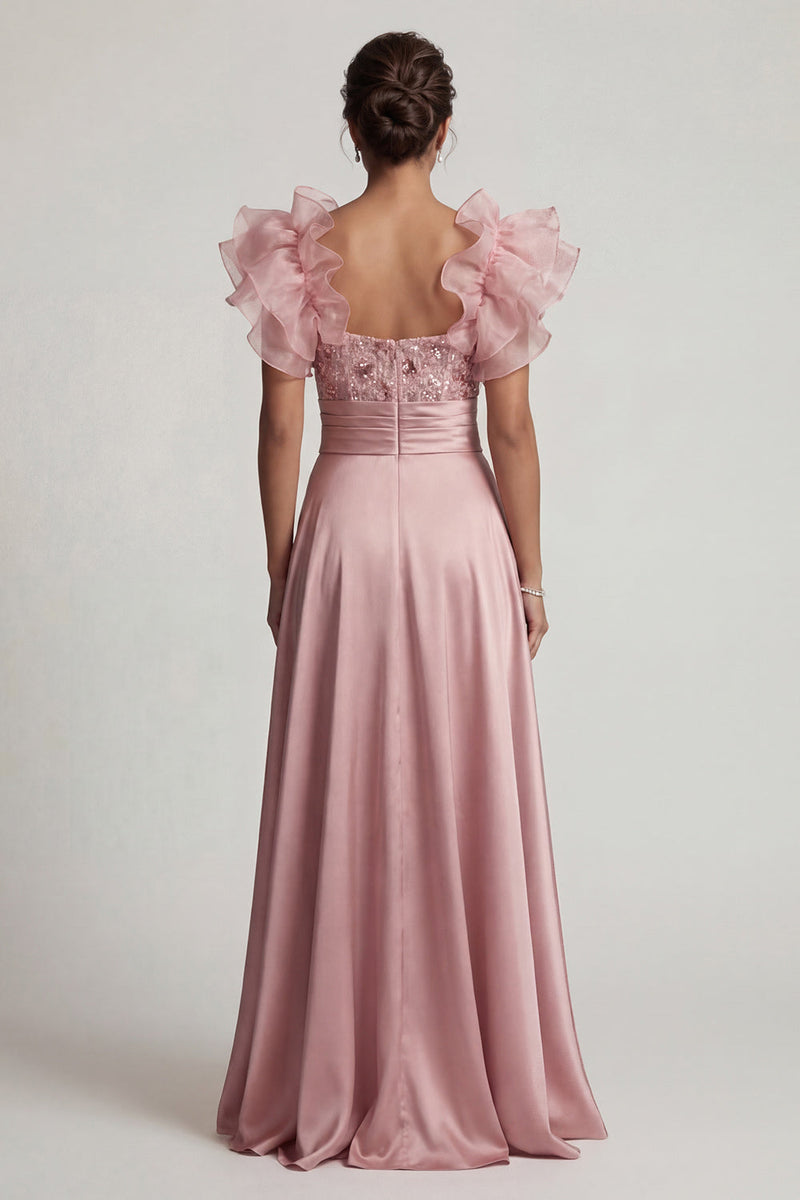Laden Sie das Bild in den Galerie-Viewer, Dusty Rose A-Linie Rüschen Pailletten Langes Mutter der Braut Kleid mit Schlitz