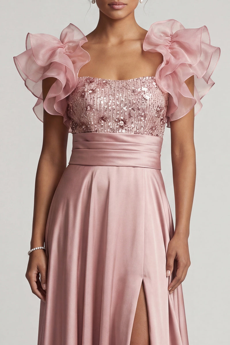 Laden Sie das Bild in den Galerie-Viewer, Dusty Rose A-Linie Rüschen Pailletten Langes Mutter der Braut Kleid mit Schlitz