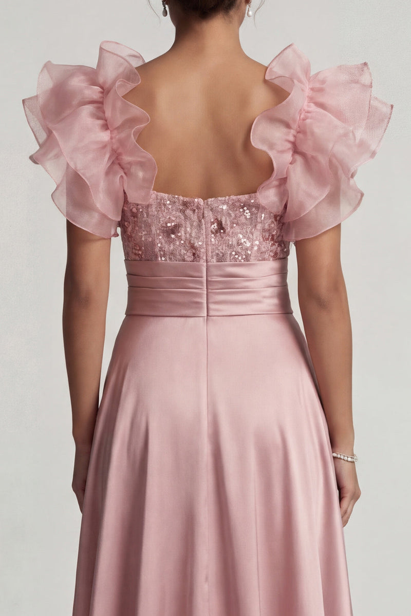 Laden Sie das Bild in den Galerie-Viewer, Dusty Rose A-Linie Rüschen Pailletten Langes Mutter der Braut Kleid mit Schlitz