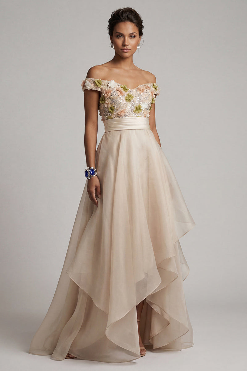 Laden Sie das Bild in den Galerie-Viewer, Off the Shoulder A-Linie aprikosenfarbenes Mutter-der-Braut-Kleid mit 3D-Blumen