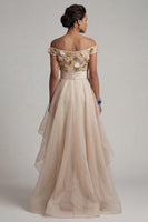 Laden Sie das Bild in den Galerie-Viewer, Off the Shoulder A-Linie aprikosenfarbenes Mutter-der-Braut-Kleid mit 3D-Blumen