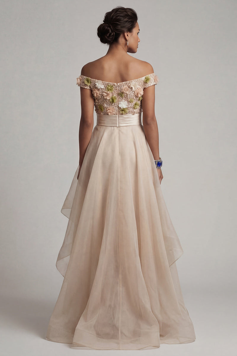 Laden Sie das Bild in den Galerie-Viewer, Off the Shoulder A-Linie aprikosenfarbenes Mutter-der-Braut-Kleid mit 3D-Blumen