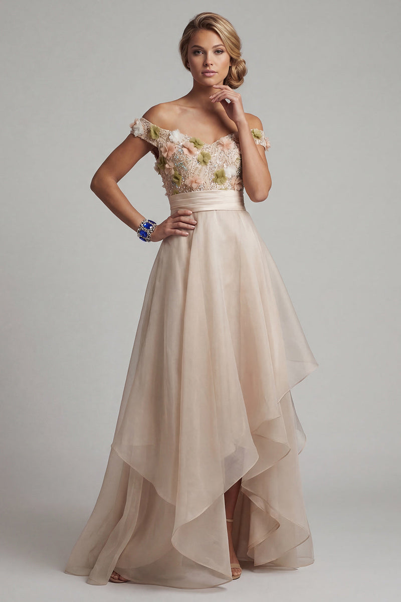 Laden Sie das Bild in den Galerie-Viewer, Off the Shoulder A-Linie aprikosenfarbenes Mutter-der-Braut-Kleid mit 3D-Blumen