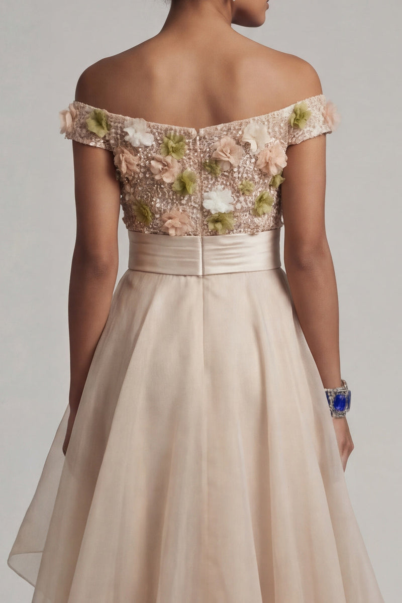 Laden Sie das Bild in den Galerie-Viewer, Off the Shoulder A-Linie aprikosenfarbenes Mutter-der-Braut-Kleid mit 3D-Blumen