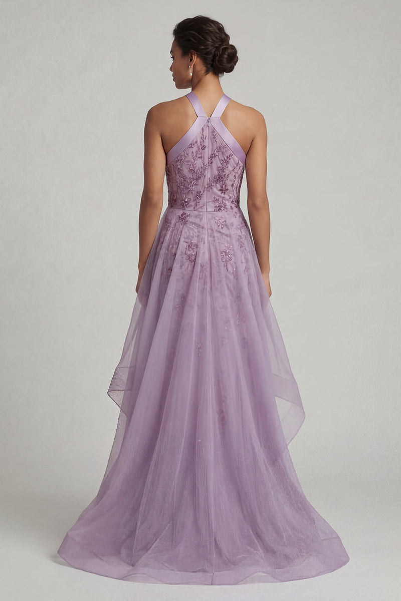Laden Sie das Bild in den Galerie-Viewer, Neckholder-Pailletten-Meerjungfrauenlila Mutter-der-Braut-Kleid
