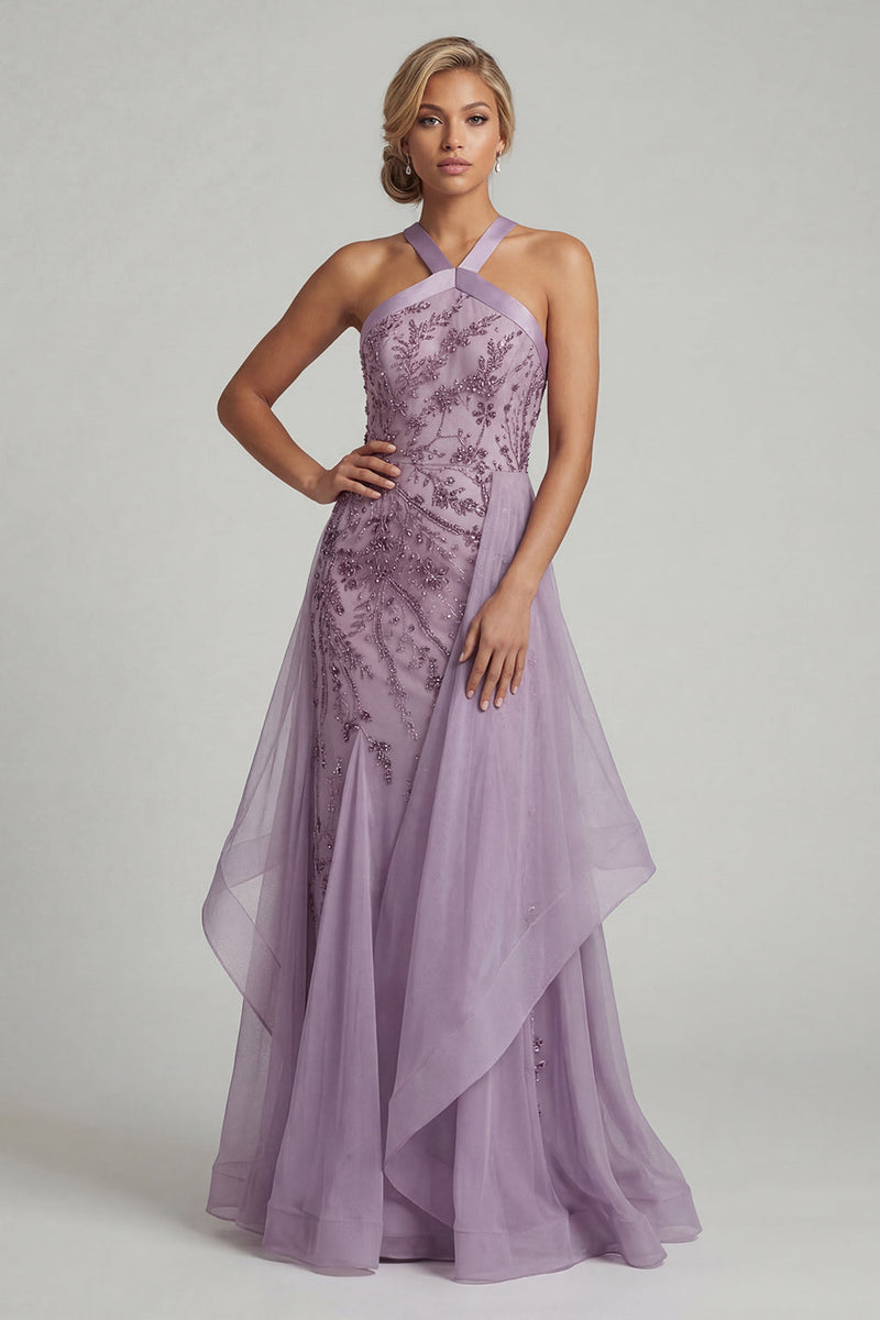 Laden Sie das Bild in den Galerie-Viewer, Neckholder-Pailletten-Meerjungfrauenlila Mutter-der-Braut-Kleid