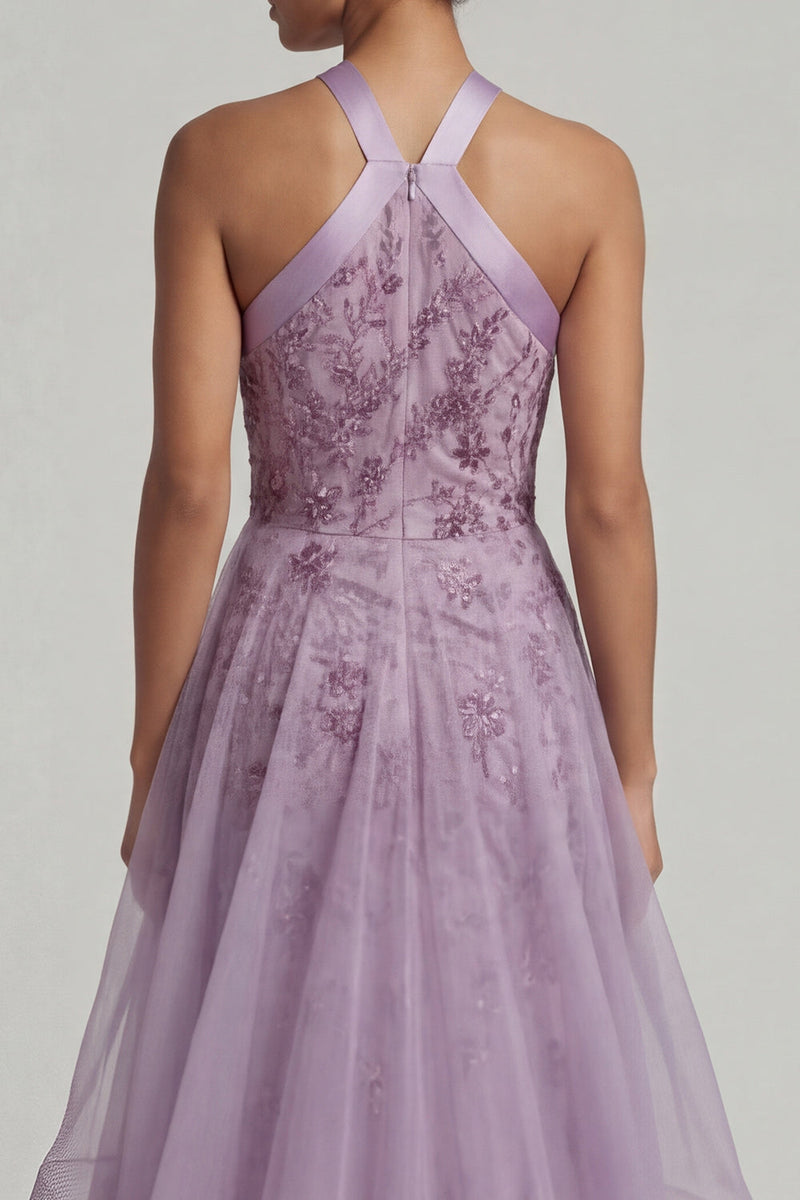 Laden Sie das Bild in den Galerie-Viewer, Neckholder-Pailletten-Meerjungfrauenlila Mutter-der-Braut-Kleid