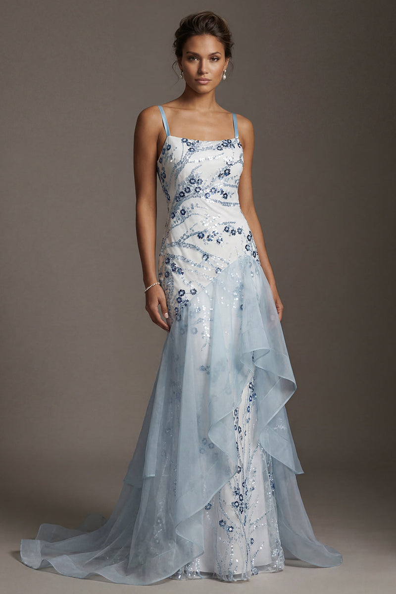 Laden Sie das Bild in den Galerie-Viewer, Hellblaue Pailletten-Meerjungfrau mit Rüschen Mutter der Braut Kleid