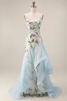 Laden Sie das Bild in den Galerie-Viewer, Hellblaue Pailletten-Meerjungfrau mit Rüschen Mutter der Braut Kleid