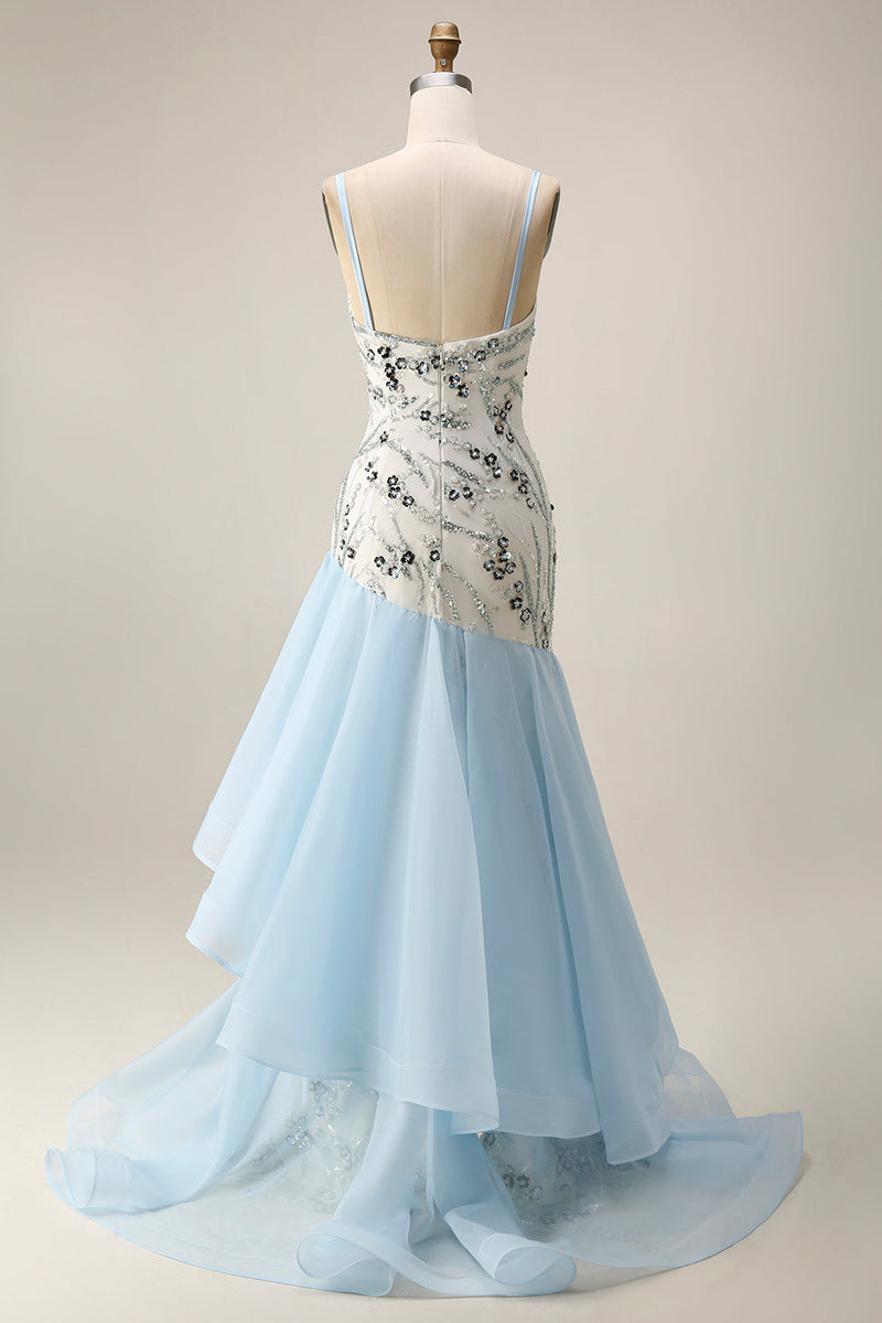 Laden Sie das Bild in den Galerie-Viewer, Hellblaues Meerjungfrauen-Paillettenlanges Abschlussballkleid mit Rüschen