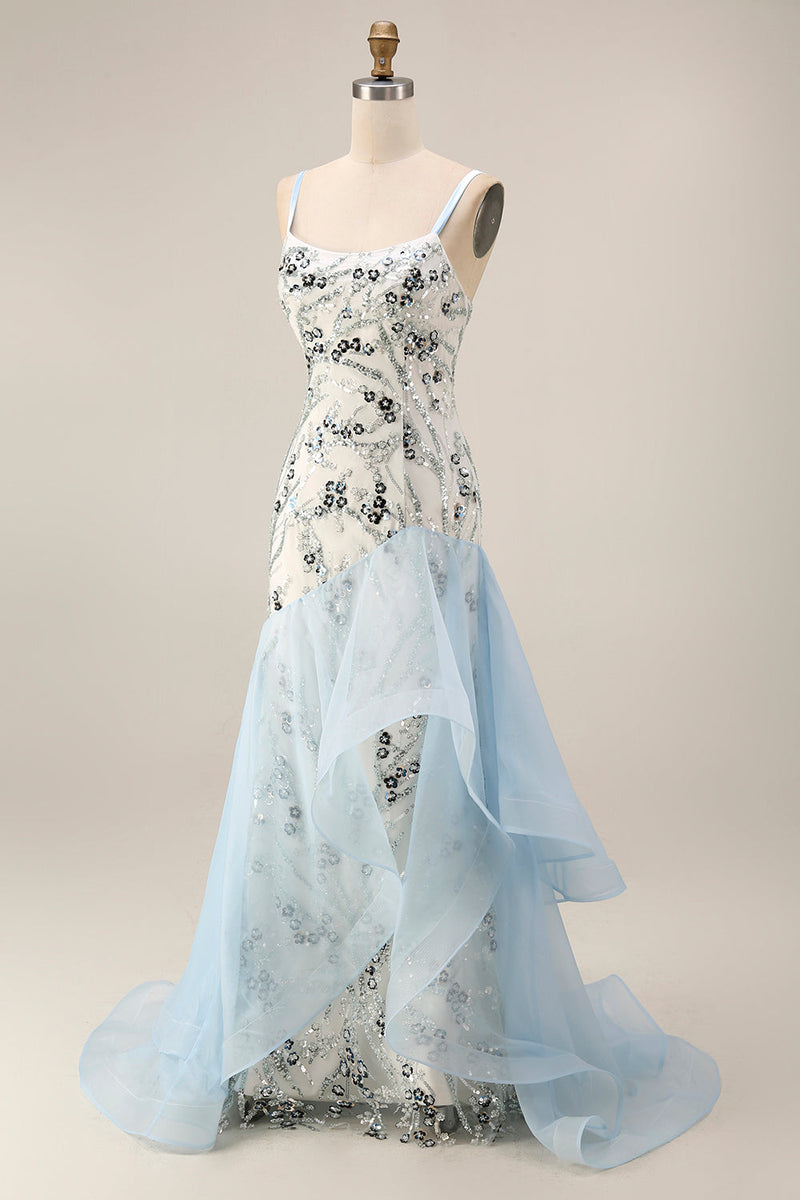 Laden Sie das Bild in den Galerie-Viewer, Hellblaues Meerjungfrauen-Paillettenlanges Abschlussballkleid mit Rüschen
