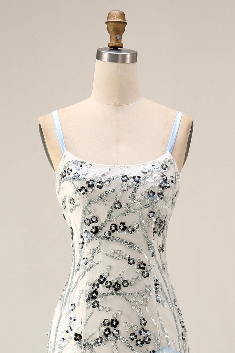Laden Sie das Bild in den Galerie-Viewer, Hellblaues Meerjungfrauen-Paillettenlanges Abschlussballkleid mit Rüschen
