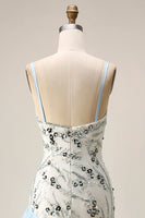 Laden Sie das Bild in den Galerie-Viewer, Hellblaues Meerjungfrauen-Paillettenlanges Abschlussballkleid mit Rüschen