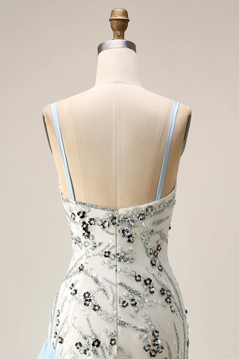Laden Sie das Bild in den Galerie-Viewer, Hellblaues Meerjungfrauen-Paillettenlanges Abschlussballkleid mit Rüschen