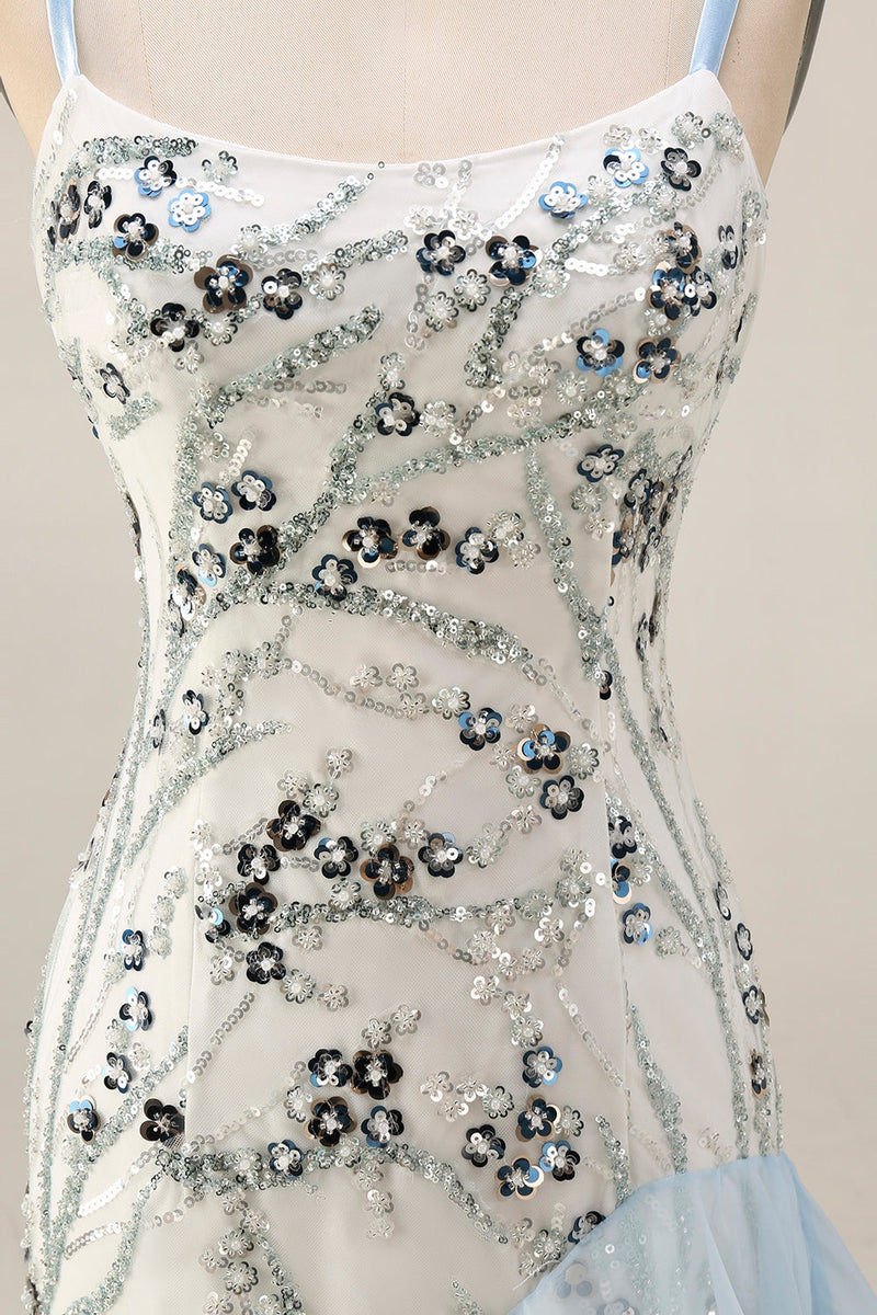 Laden Sie das Bild in den Galerie-Viewer, Hellblaues Meerjungfrauen-Paillettenlanges Abschlussballkleid mit Rüschen