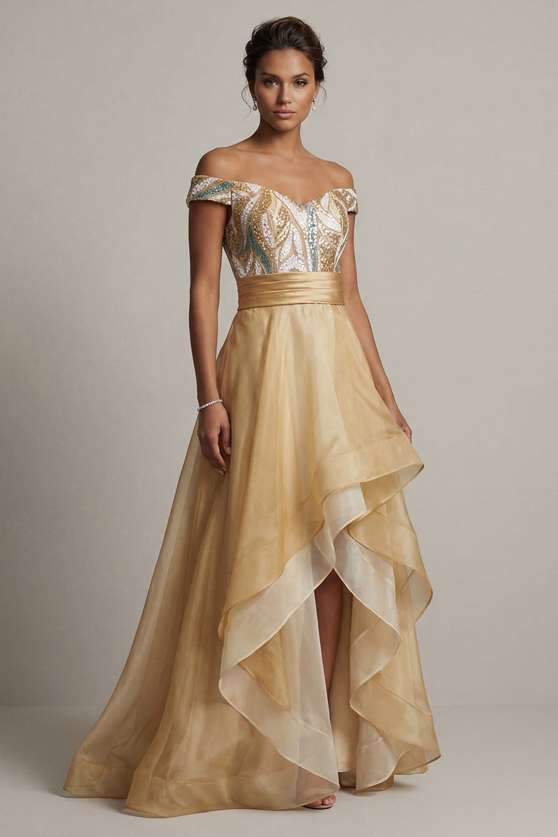 Laden Sie das Bild in den Galerie-Viewer, Off the Shoulder A Line Champagner Pailletten Mutter der Braut Kleid