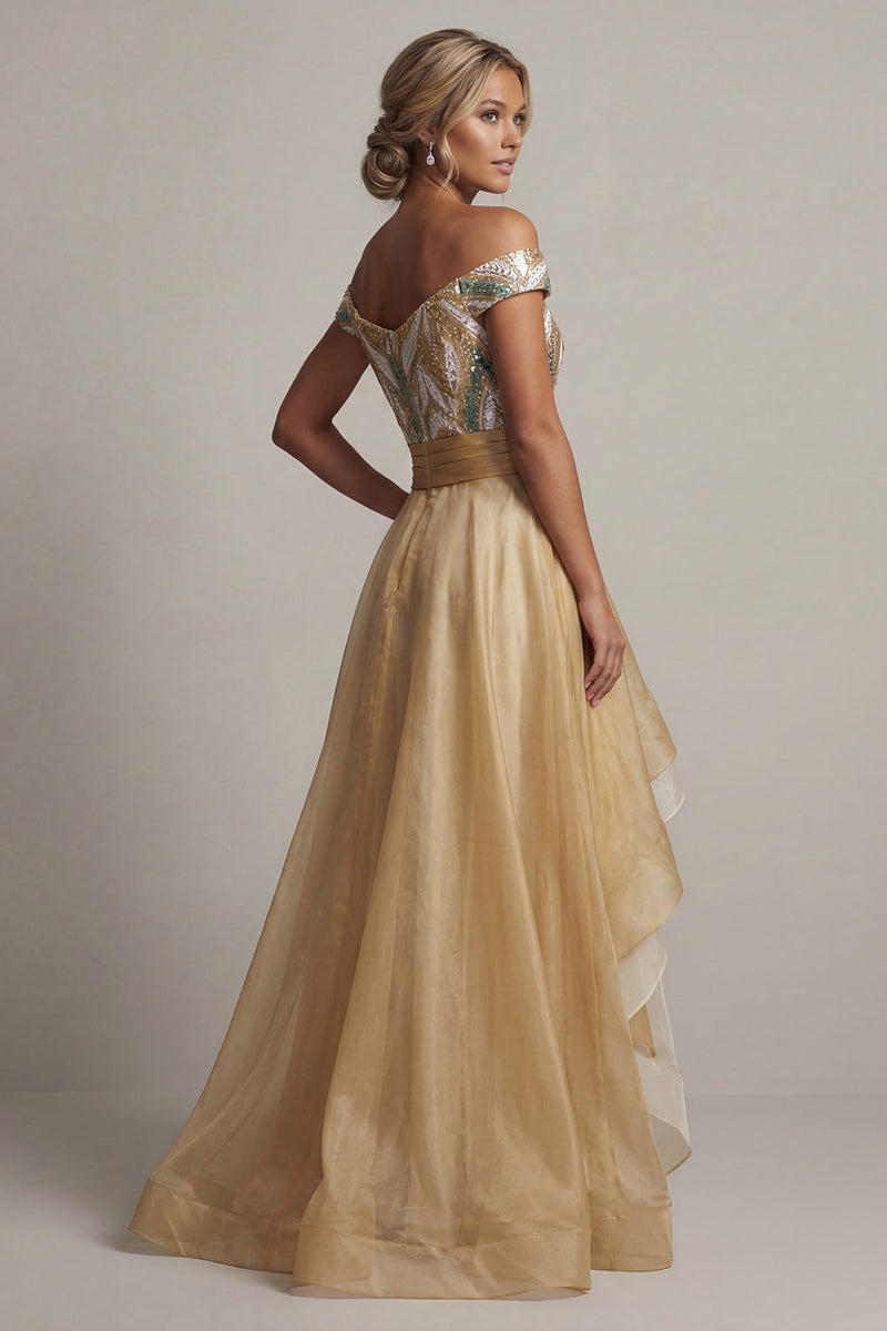 Laden Sie das Bild in den Galerie-Viewer, Off the Shoulder A Line Champagner Pailletten Mutter der Braut Kleid