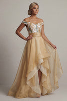 Laden Sie das Bild in den Galerie-Viewer, Off the Shoulder A Line Champagner Pailletten Mutter der Braut Kleid