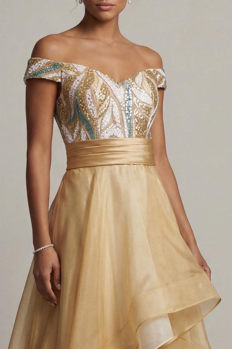 Laden Sie das Bild in den Galerie-Viewer, Off the Shoulder A Line Champagner Pailletten Mutter der Braut Kleid