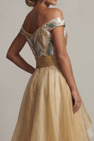 Laden Sie das Bild in den Galerie-Viewer, Off the Shoulder A Line Champagner Pailletten Mutter der Braut Kleid