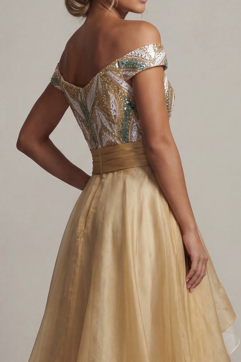 Laden Sie das Bild in den Galerie-Viewer, Off the Shoulder A Line Champagner Pailletten Mutter der Braut Kleid