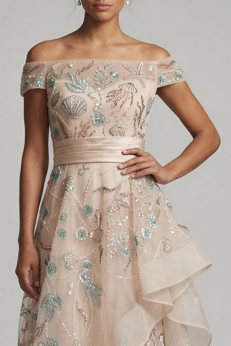 Laden Sie das Bild in den Galerie-Viewer, Off-the-shoulder A-Linie Rouge-Pailletten-Mutter-der-Braut-Kleid