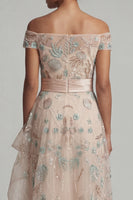 Laden Sie das Bild in den Galerie-Viewer, Off-the-shoulder A-Linie Rouge-Pailletten-Mutter-der-Braut-Kleid