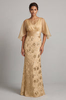Laden Sie das Bild in den Galerie-Viewer, Meerjungfrau-Champagner-Pailletten-Halbärmel Mutter-der-Braut-Kleid