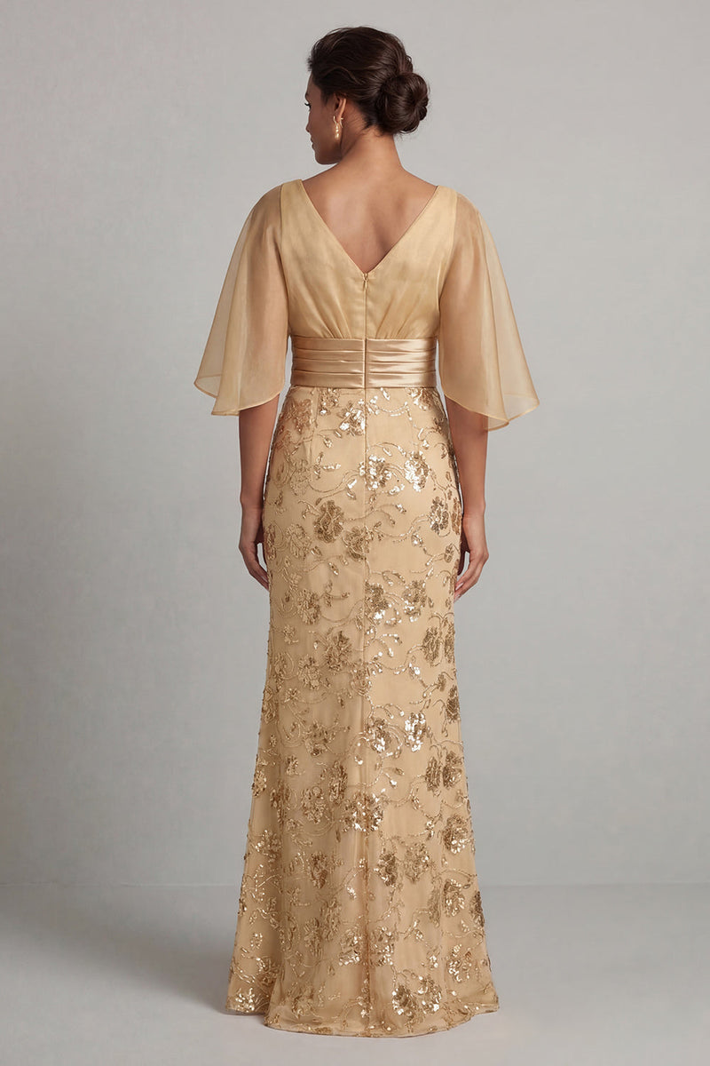 Laden Sie das Bild in den Galerie-Viewer, Meerjungfrau-Champagner-Pailletten-Halbärmel Mutter-der-Braut-Kleid
