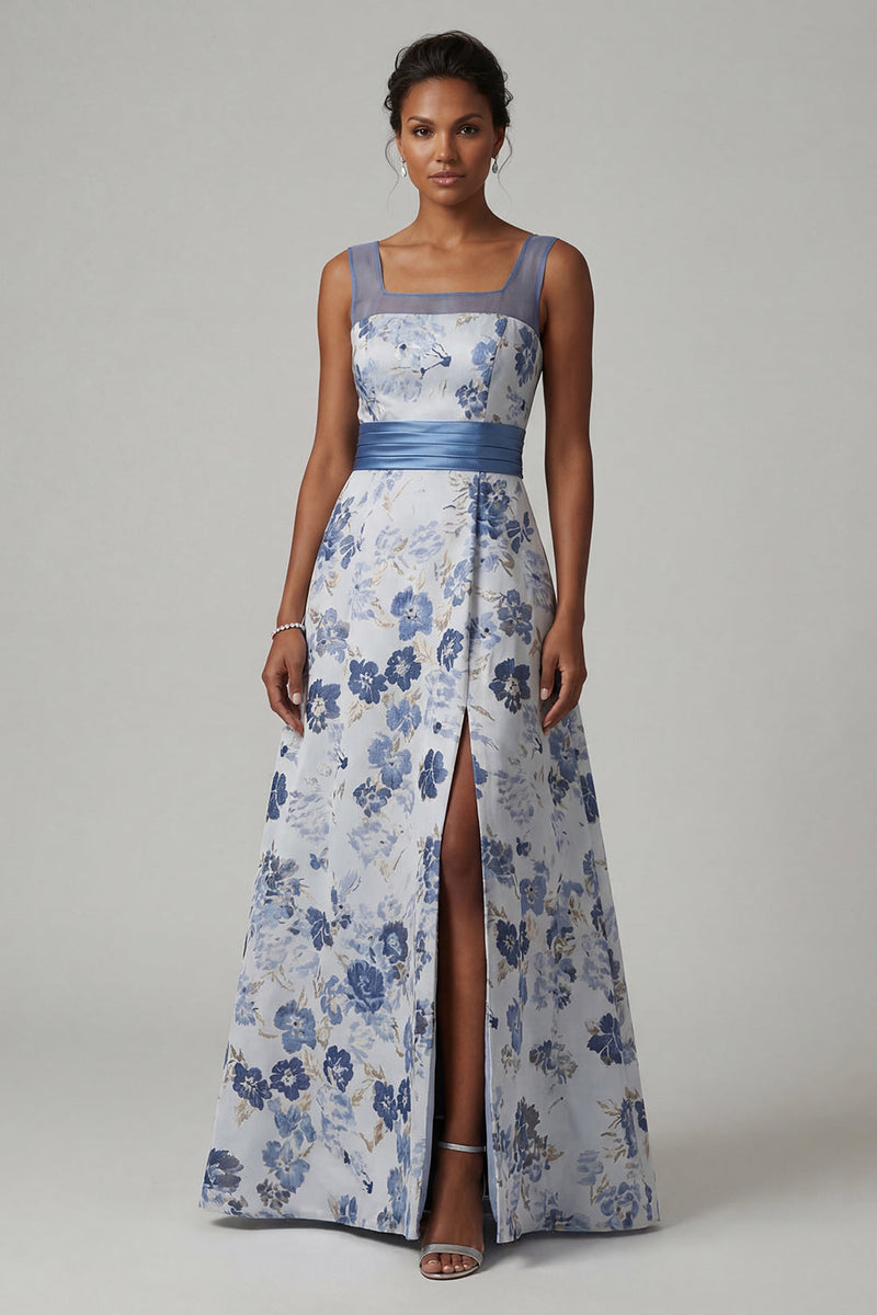 Laden Sie das Bild in den Galerie-Viewer, Quadratiger A-Linie staubiges blaues Blumenkleid Mutter der Braut
