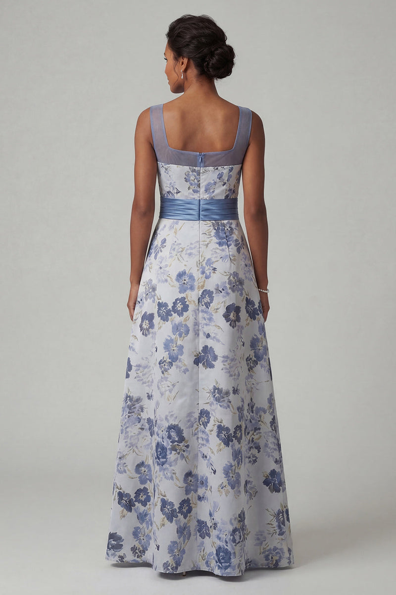 Laden Sie das Bild in den Galerie-Viewer, Quadratiger A-Linie staubiges blaues Blumenkleid Mutter der Braut