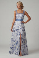Laden Sie das Bild in den Galerie-Viewer, Quadratiger A-Linie staubiges blaues Blumenkleid Mutter der Braut
