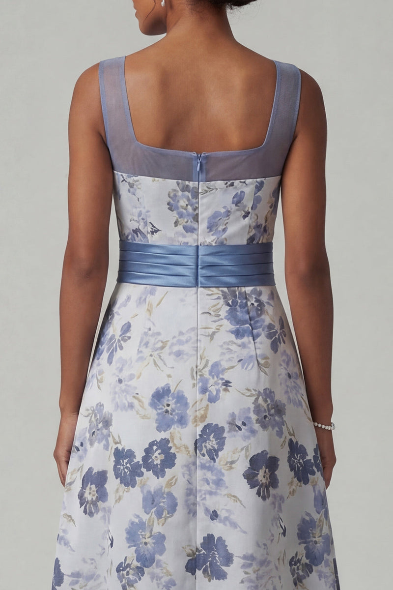 Laden Sie das Bild in den Galerie-Viewer, Quadratiger A-Linie staubiges blaues Blumenkleid Mutter der Braut