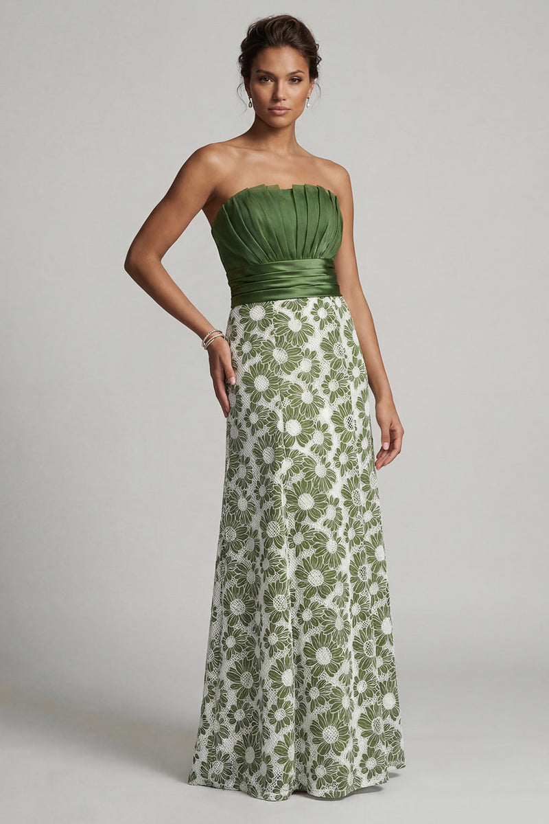 Laden Sie das Bild in den Galerie-Viewer, Trägerloses A-Line grünes Blumenkleid Mutter der Braut