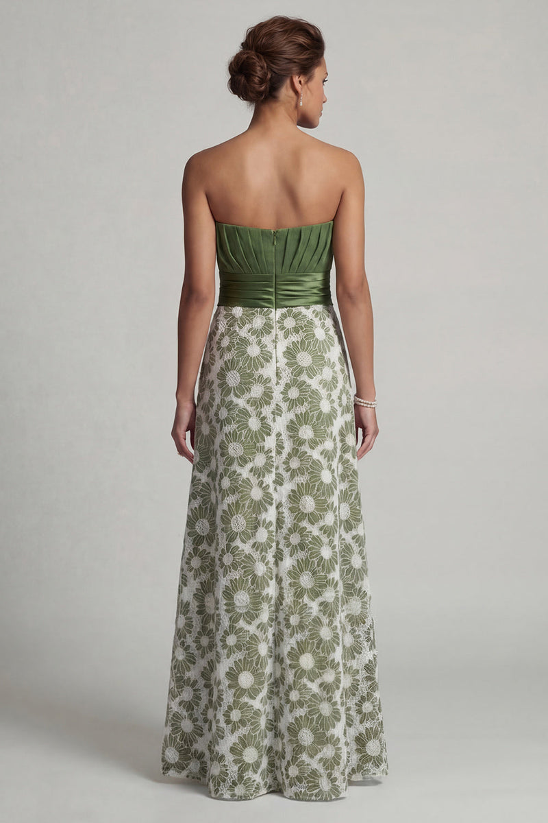 Laden Sie das Bild in den Galerie-Viewer, Trägerloses A-Line grünes Blumenkleid Mutter der Braut