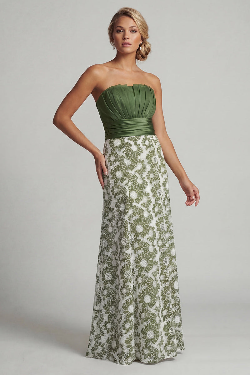Laden Sie das Bild in den Galerie-Viewer, Trägerloses A-Line grünes Blumenkleid Mutter der Braut