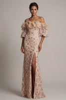 Laden Sie das Bild in den Galerie-Viewer, Champagner-Off-the-Shoulder Meerjungfrauen-Pailletten Langes Mutter-der-Braut-Kleid mit Schlitz