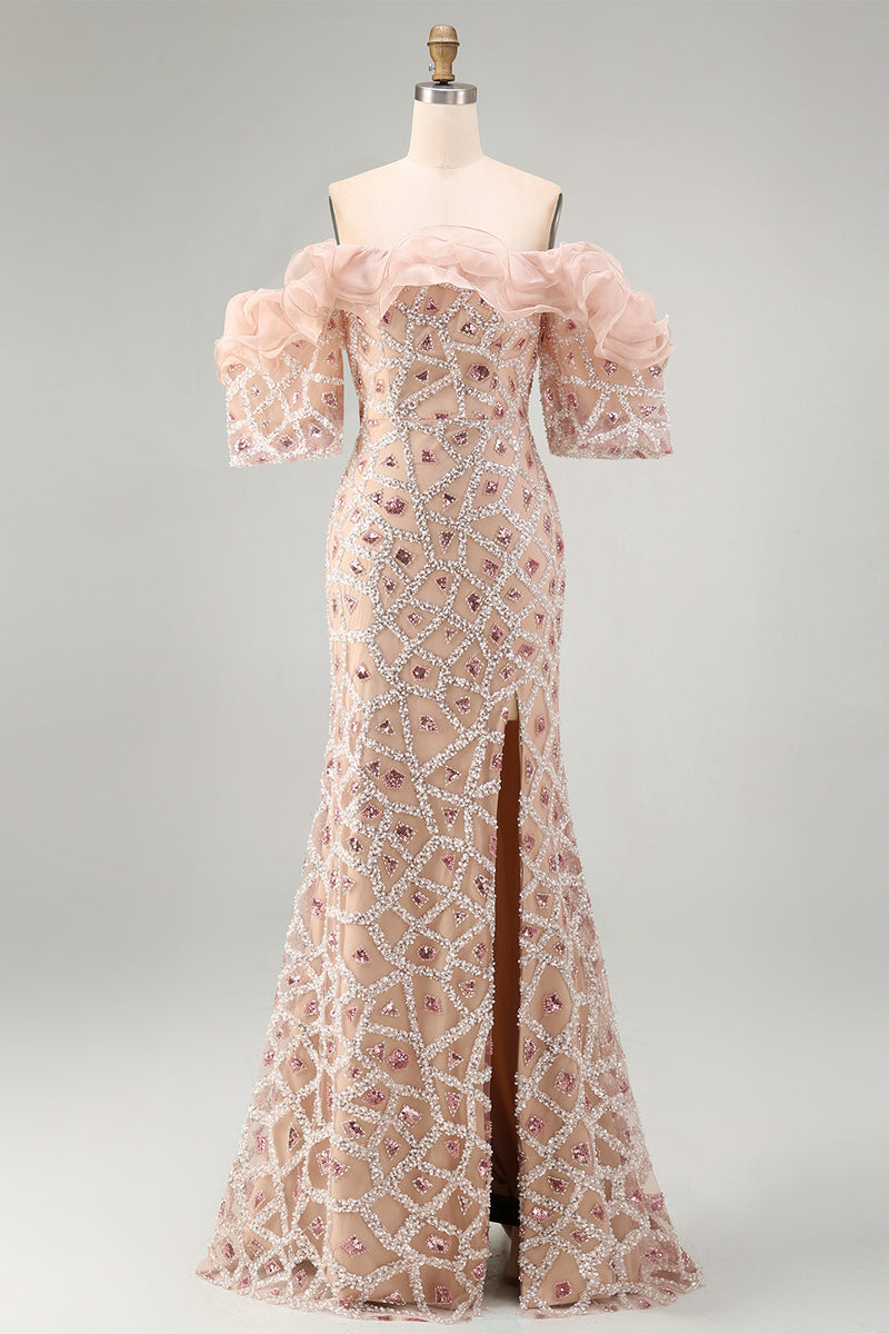 Laden Sie das Bild in den Galerie-Viewer, Champagner-Off-the-Shoulder Meerjungfrauen-Pailletten Langes Mutter-der-Braut-Kleid mit Schlitz