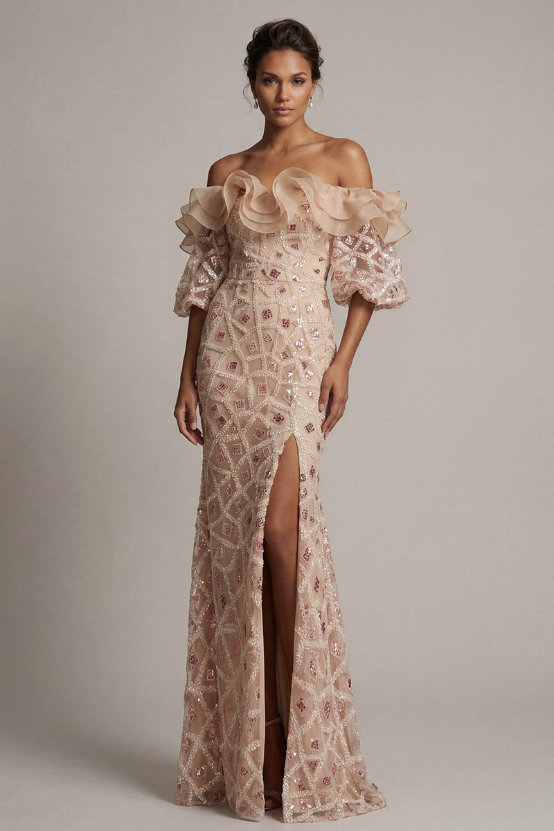 Laden Sie das Bild in den Galerie-Viewer, Champagner-Off-the-Shoulder Meerjungfrauen-Pailletten Langes Mutter-der-Braut-Kleid mit Schlitz