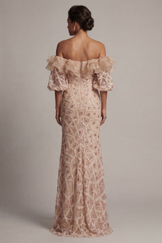 Champagner-Off-the-Shoulder Meerjungfrauen-Pailletten Langes Mutter-der-Braut-Kleid mit Schlitz
