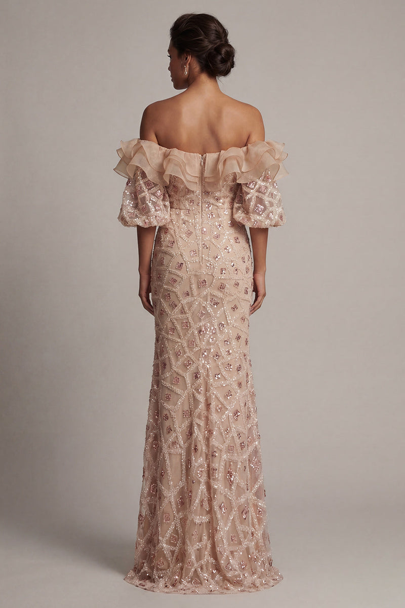 Laden Sie das Bild in den Galerie-Viewer, Champagner-Off-the-Shoulder Meerjungfrauen-Pailletten Langes Mutter-der-Braut-Kleid mit Schlitz