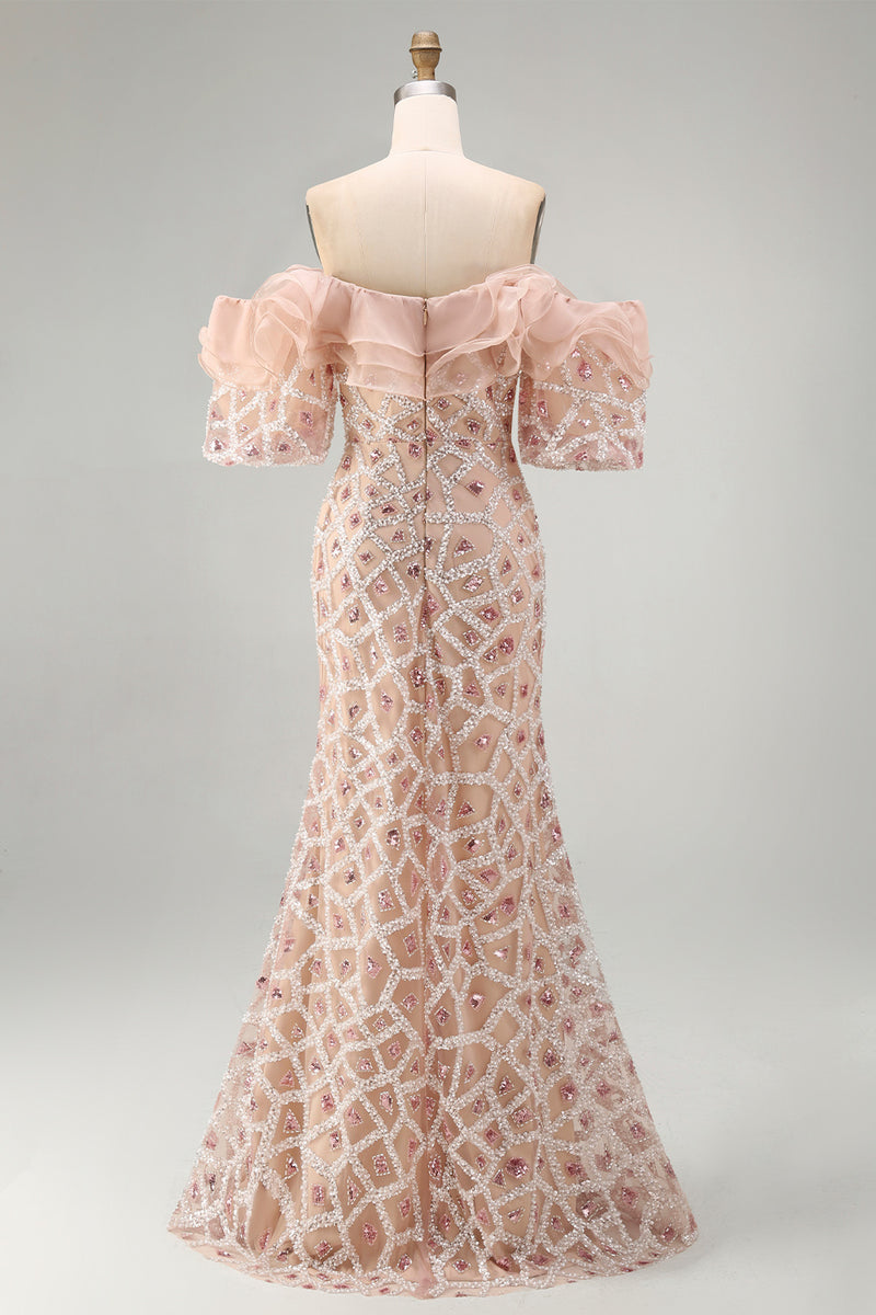 Laden Sie das Bild in den Galerie-Viewer, Champagner-Off-the-Shoulder Meerjungfrauen-Pailletten Langes Mutter-der-Braut-Kleid mit Schlitz