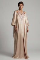 Laden Sie das Bild in den Galerie-Viewer, Satin-Champagner-Neckholder-Hülle Pailletten Mutter-der-Braut-Kleid mit Schlitz