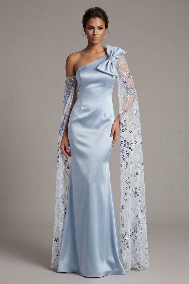Laden Sie das Bild in den Galerie-Viewer, Himmelblaue Satin-Meerjungfrau, eine Schulter Mutter der Braut Kleid mit Schleife