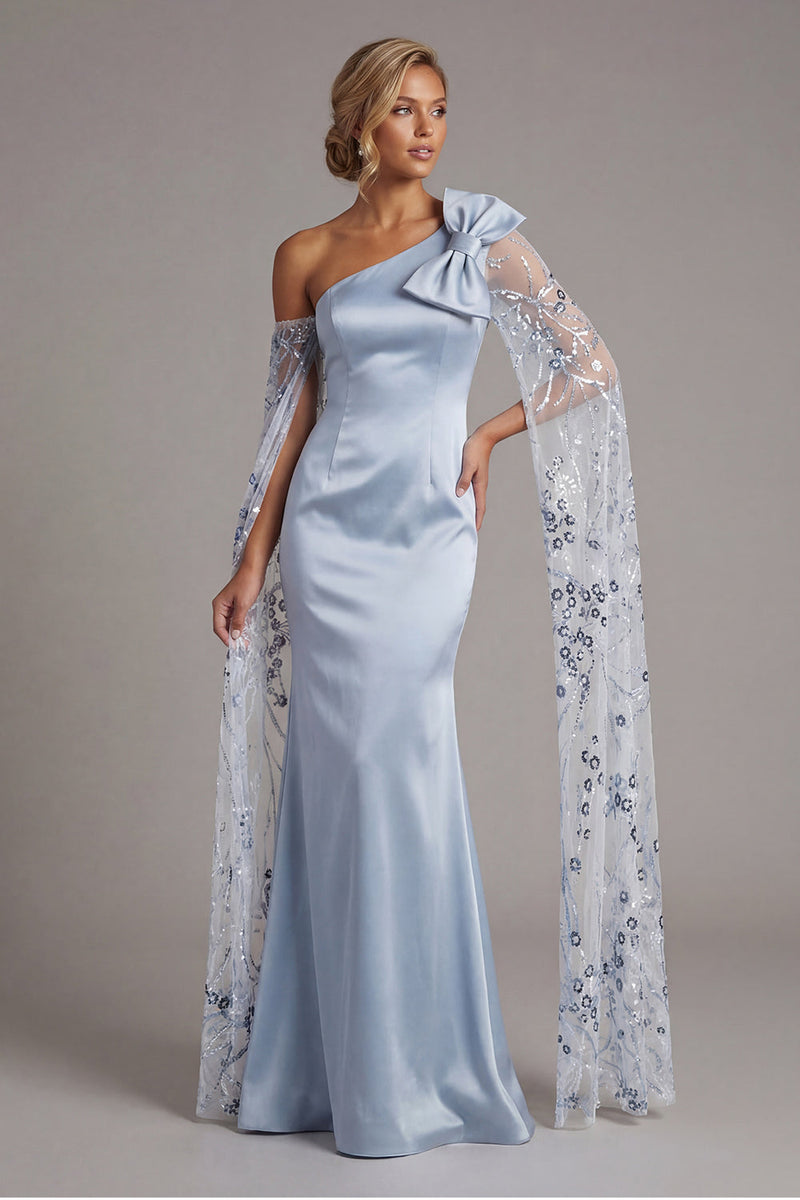Laden Sie das Bild in den Galerie-Viewer, Himmelblaue Satin-Meerjungfrau, eine Schulter Mutter der Braut Kleid mit Schleife