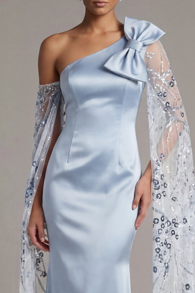 Laden Sie das Bild in den Galerie-Viewer, Himmelblaue Satin-Meerjungfrau, eine Schulter Mutter der Braut Kleid mit Schleife