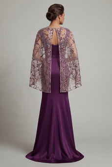 Dunkelviolettes Satin-Meerjungfrauen-Rundhalskleid Mutter der Braut mit transparentem Umhang