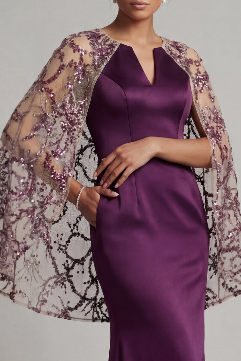 Laden Sie das Bild in den Galerie-Viewer, Dunkelviolettes Satin-Meerjungfrauen-Rundhalskleid Mutter der Braut mit transparentem Umhang